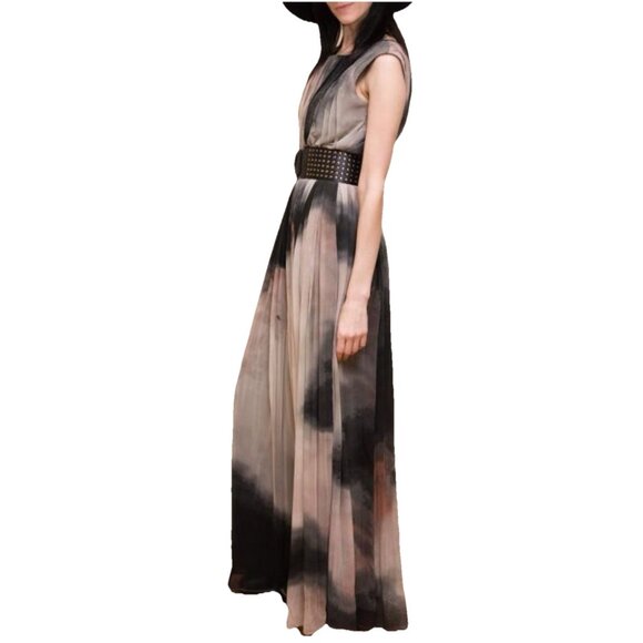 New Zara Abstract Watercolor Chiffon Sleeveless Pleated Party Maxi Dress - Picture 7 of 15